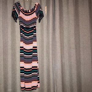 Elie McCarthy striped off the shoulder long dress